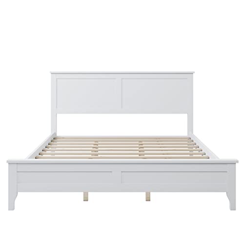 Wood Bed Frame with Headboard Wood Platform, No Box Spring Needed,White (Queen (U.S. Standard))
