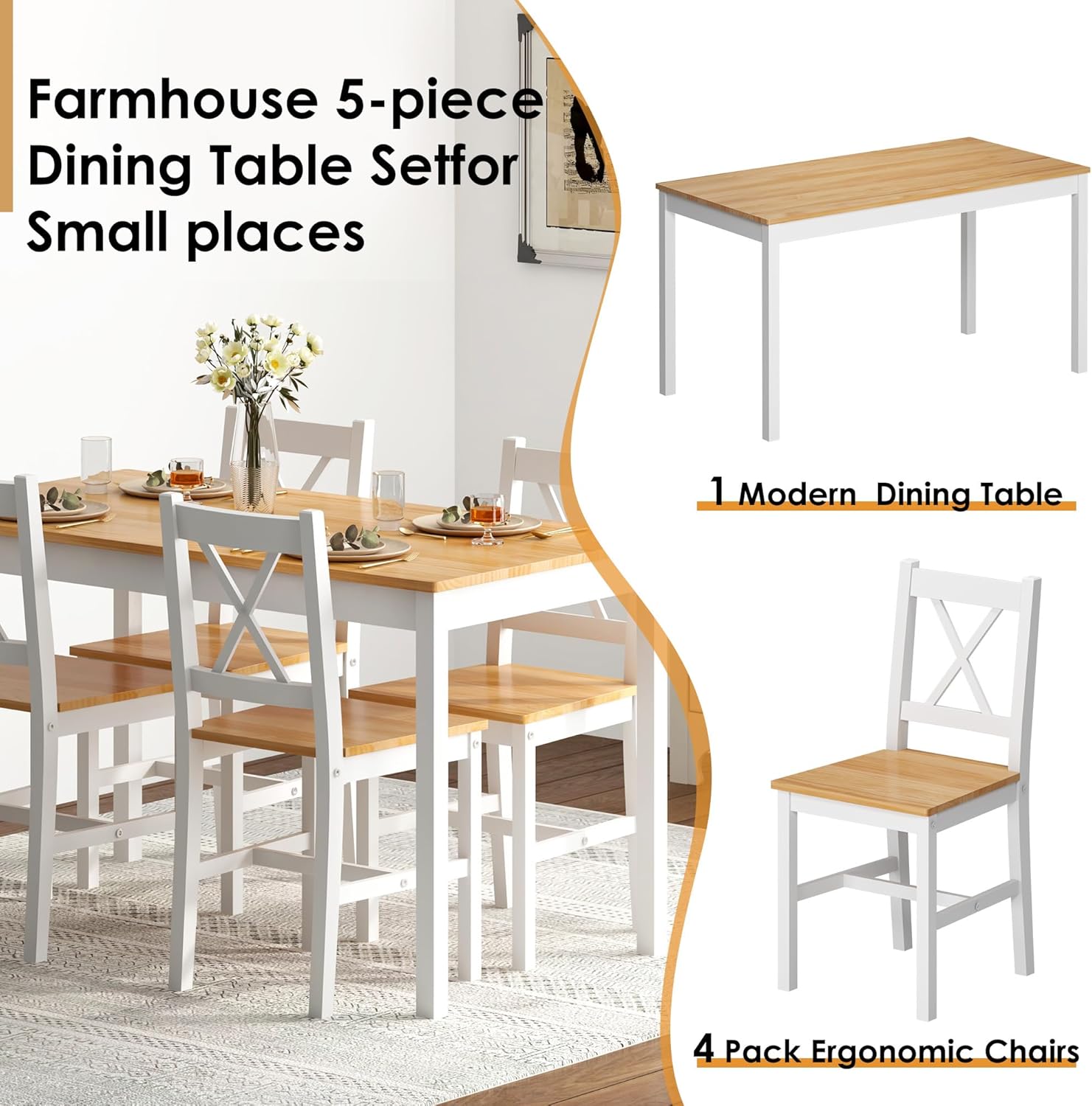 sogesfurniture 47.2" 4-Person Dining Table Set, 5 Pieces Pine Wood Kitchen Table with 4 Chairs,Indoor Modern Rectangular Dining Table Furniture Set for Kitchen, Dining Room, Dinette, Breakfast Nook