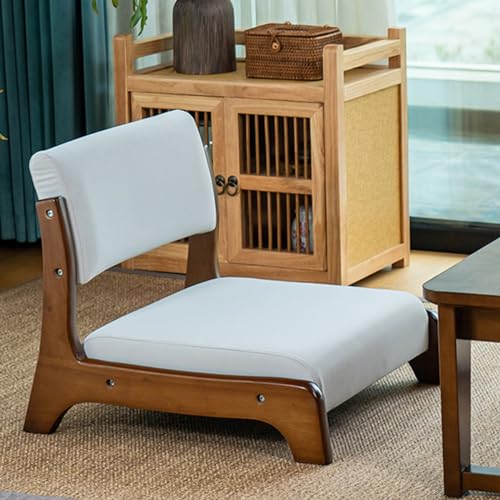 Floor Chair with Back Support, Japanese Floor Chair, Wood Legless Tatami Chair with Cushion, Accent Meditation Floor Seat for Bay Window, Living Room, Bedroom(/Beige A)