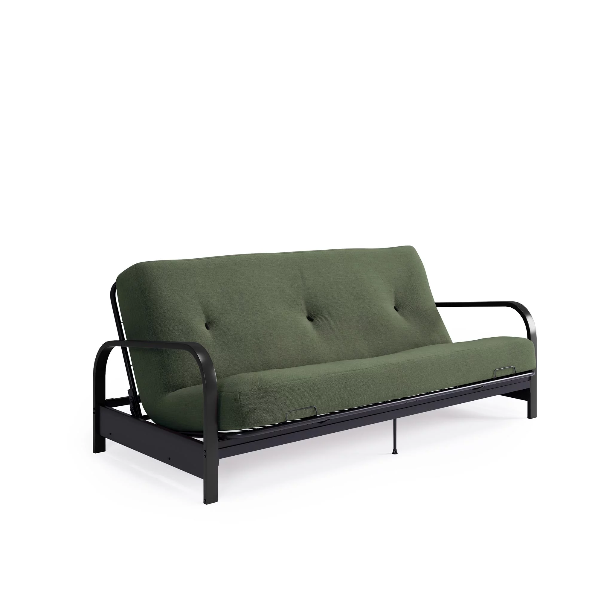 Cleo Futon Set with Black Metal Sofa Bed Frame and 6" Mattress, Full Size, Army Green