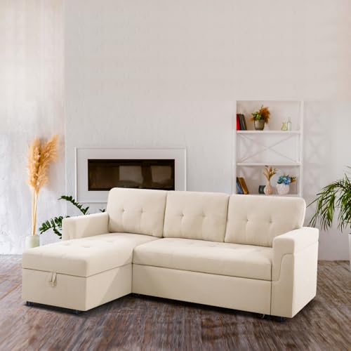 Naomi Home Jenny Sectional Sofa Sleeper with Storage Chaise, Tufted Pull Out Couch with Storage, L-Shaped Reversible Sleeper Sofa with Storage, Black,Air Leather