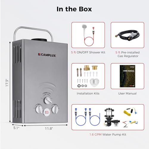 CAMPLUX 2.64 GPM Propane Portable Gas Water Heater, 68,000 BTU Outdoor Tankless Camping Water Heater with Digital Display, White