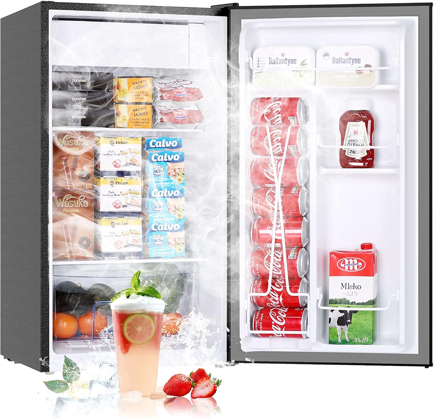 3.2 Cu.Ft Mini Fridge with Freezer, Single Door Small Refrigerator, 6 Settings Mechanical Thermostat, One-Touch Defrosting System, Energy Saving, Dorm Refrigerator Ideal for Office, Bedroom, Stainless Look