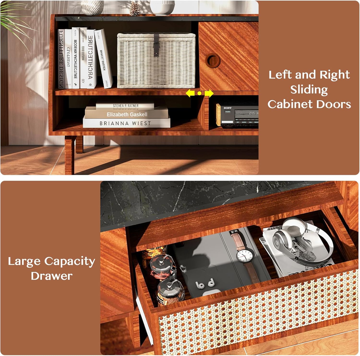 TV Stand for 75+ Inch TV, Mid Century Modern TV Stand with Rattan Drawer,Entertainment Center with Storage, Large Media TV Console, 67 inch Long Television Stand for Living Room,Walnut