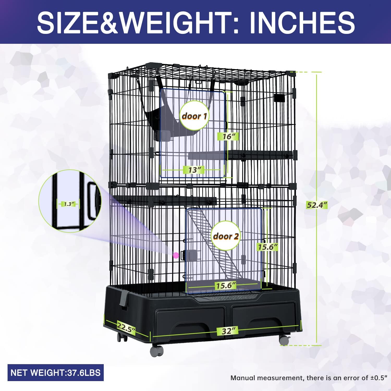 52 Inch Cat Cage Large Metal Wire Crate Cat Kennel Playpen with Litter Box & 2 Front Door & Ramp Ladders & 2 Resting Platforms Beds Tray Cage for Indoor