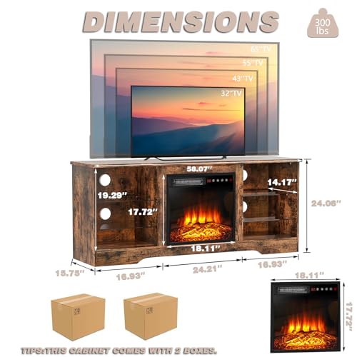 Lemberi Fireplace tv Stand with 36 inch Fireplace Up to 80" TVs,LED Light Entertainment Center and Storage, 70" Modern Wood Media TV Console with Highlight Cabinet for Living Room