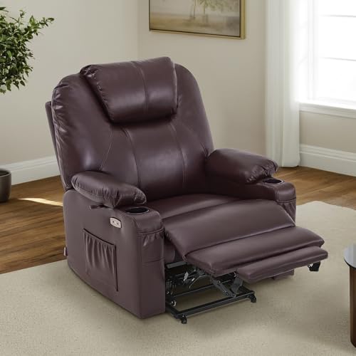 MCombo Power Lift Recliner Chair for Elderly, Lift Chair with Heat and Massage, FSC Certified, USB Ports, Cup Holders, Faux Leather 7040 (Black, Medium)