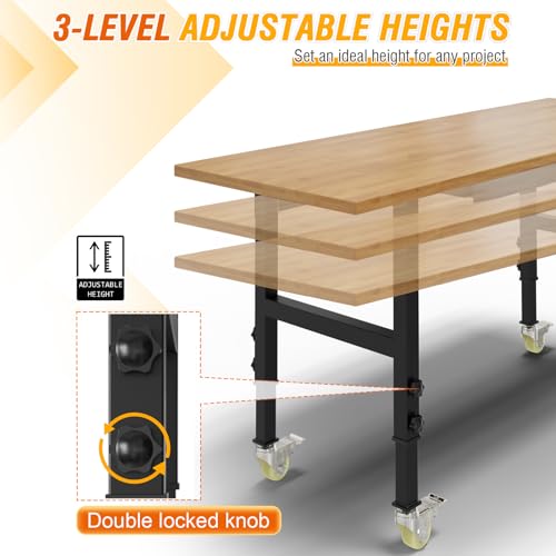 Workbench, 60" Adjustable Height Work Table with Power Outlet, Drawer and Wheels, 2000 LBS Load Capacity Hardwood Work Bench for Garage, Workshop, Home, Office (60" X 24")