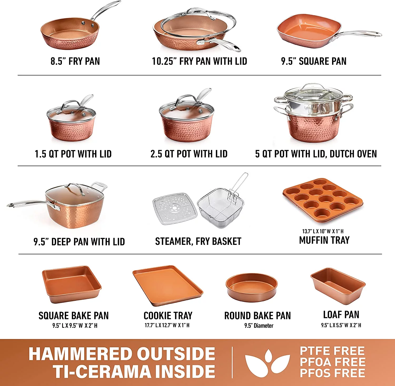 Gotham Steel Hammered Copper Collection – 20 Piece Premium Cookware & Bakeware Set with Nonstick Copper Coating, Includes Skillets, Stock Pots, Deep Square Fry Basket, Cookie Sheet and Baking Pans