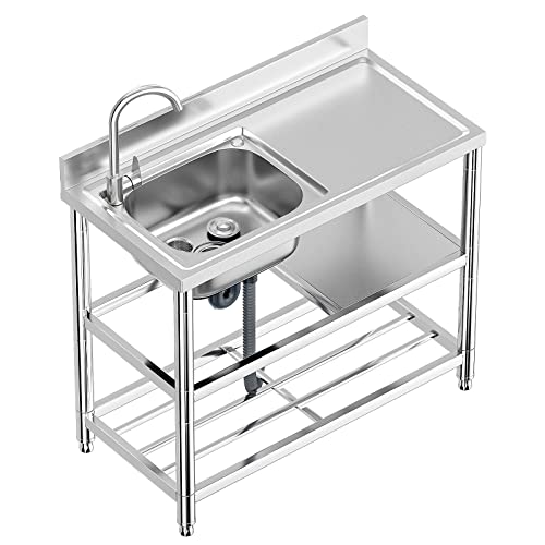Stainless Steel Commercial Kitchen Sink, Free Standing, Single Bowl Sink Basin with Cold & Hot Water Faucet, Indoor and Outdoor Sink, 21.7 in