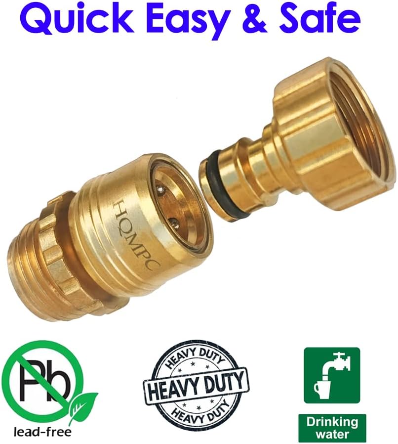 HQMPC Garden Hose Quick Connect Lead Free Solid Brass Quick Connector Garden Hose Fitting Water Hose Connectors 3/4 inch GHT (6SETS) Pack of 2