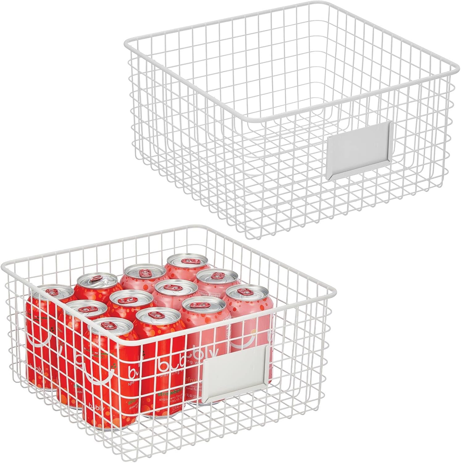 mDesign Farmhouse Decor Metal Wire Food Organizer Storage Bin Basket with Label Slot for Kitchen Cabinets, Pantry, Bathroom, Laundry Room, Closets, Garage - 2 Pack - Matte Black Pack of 2