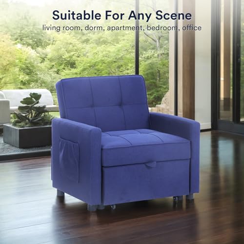 3 in 1 Convertible Sleeper Sofa Bed Pull Out Couch Futon Loveseat Velvet Chaise Lounge with 2 Pockets and 2 Pillows for Living Room, Blue