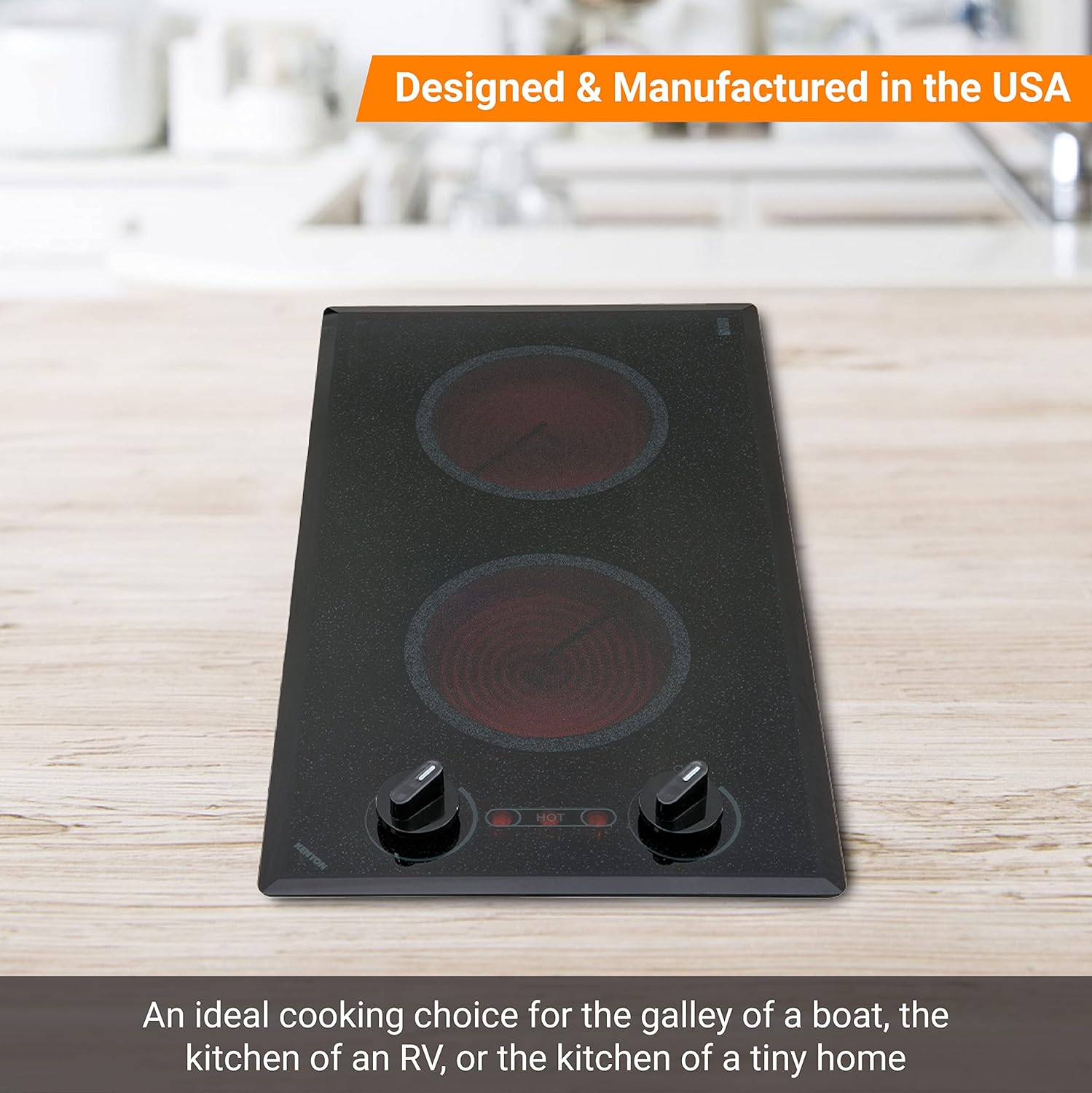 Kenyon Mediterranean 2-Burner Small Cooktop, Electric Cooktop for Energy-Efficient Cooking, Knob Control, Portrait Cooktop, 120-Volt, Black