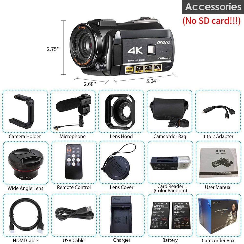 4K Camcorder Vlogging Camera for YouTube ORDRO HDR-AC3 Ultra HD Video Camera 1080P 60FPS IR Night Vision Wi-Fi Camera Recorder Digital Camcorders with Microphone Wide Angle Lens Handheld Stabilizer