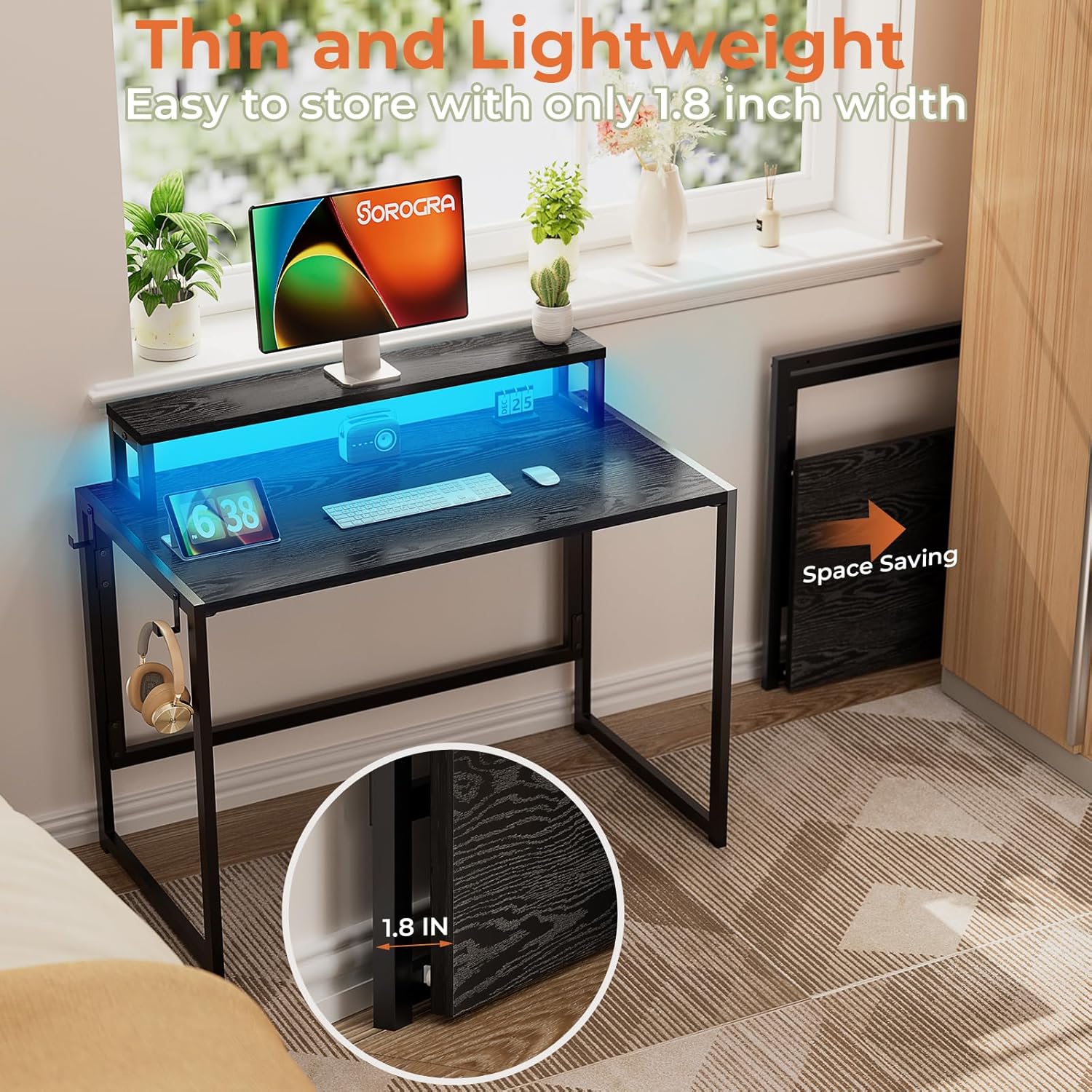 Coavas 31.5 inch Folding Desk No Assembly Required, SOROGRA Folding Desk Small Foldable Desk 39.4 inch with Led Lights