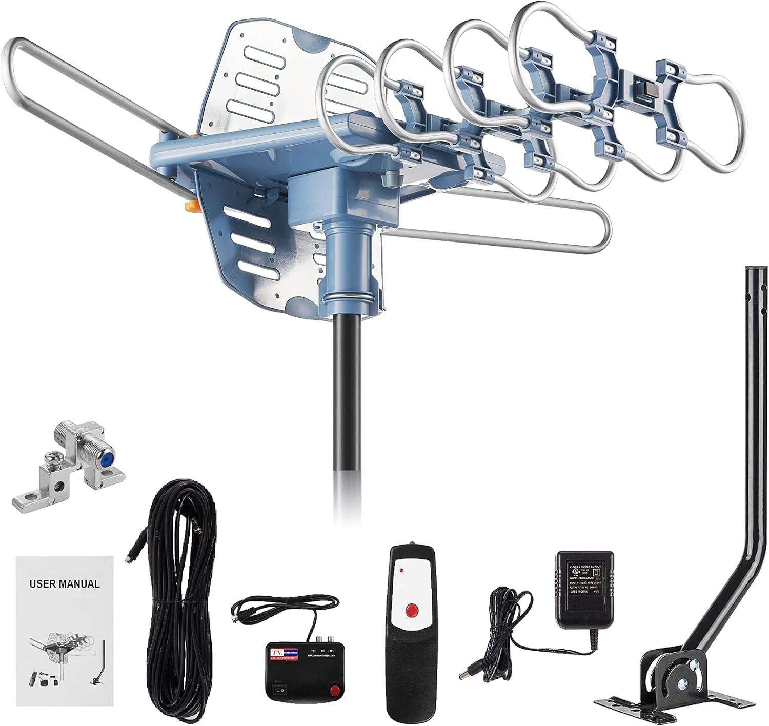 150 Miles Range Amplified Digital Outdoor TV Antenna with Mount Pole 4K/1080p High Reception/ 40feet RG6 Coaxial Cable/360 Degree Rotation Wireless Remote/ Snap On Installation/2 TVs Function