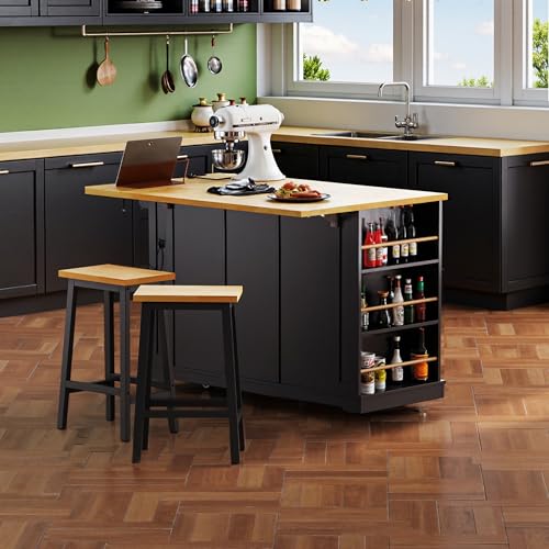 53" Rolling Large Kitchen Island Set with Power Outlet,Mobile Carts with Storage Cabinet,Extra Drop Leaf,3 Drawers and 5 Open Side Racks,Wood Table for Dining Room (Island & Stools)