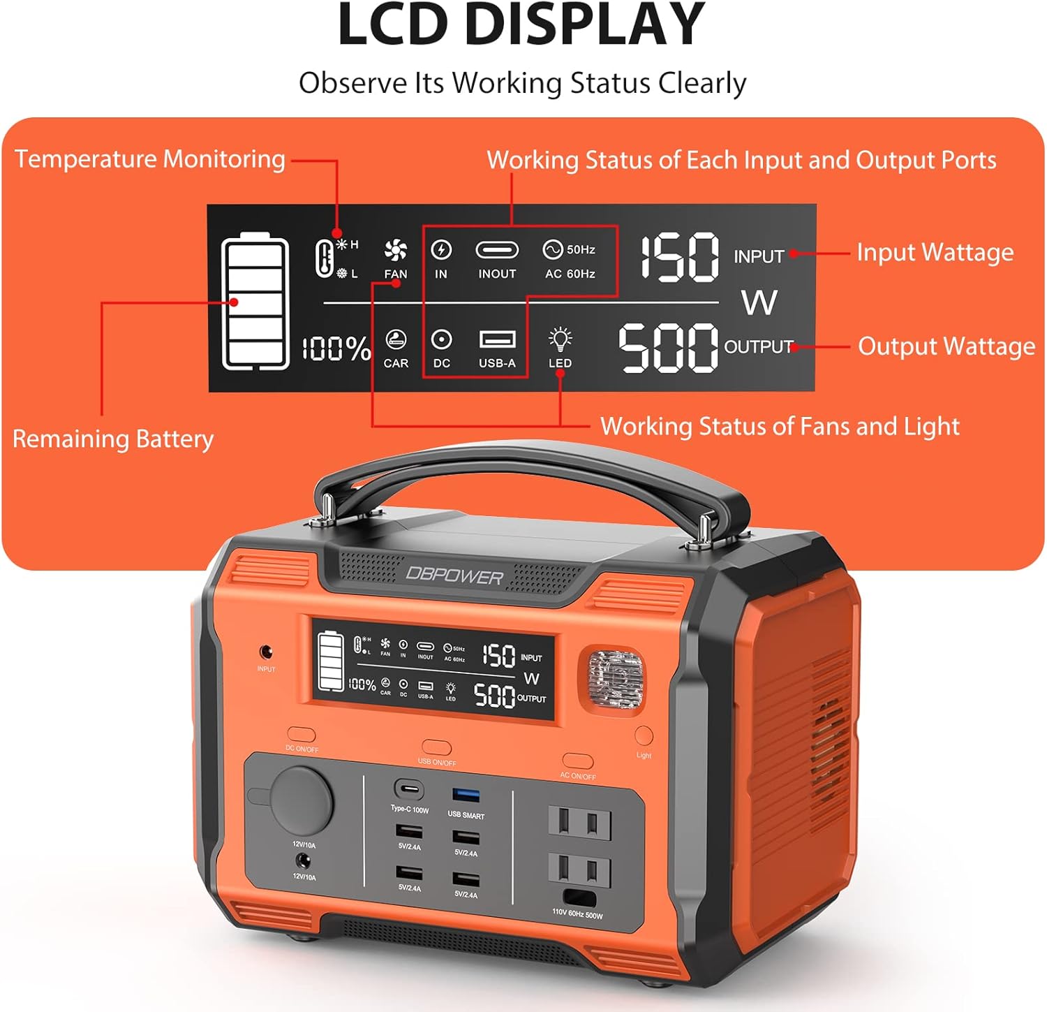 DBPOWER Portable Power Station 505Wh 500W (Peak 1000W) Outdoor Generator PD 100W Quick Charge and 2 110V Pure Sine Wave AC Outlets (Solar Panel Not Included) for Road Trip Camping Outdoor Adventure