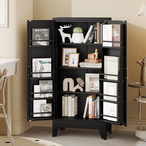 75.2" Tall Metal Pantry Cabinet, Storage Cabinets with 4 Door and 4 Adjustable Shelves, Black Kitchen Pantry Storage Cabinet, Freestanding Cupboard for Kitchen Dining Room Living Room Bathroom