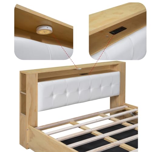 Merax 3 Pieces Bedroom Sets, Queen Size Upholstered Platform Bed with Storage Nightstand and 6 Drawers Dresser Cabinet, Motion Activated Night Lights, USB Charger, Natural