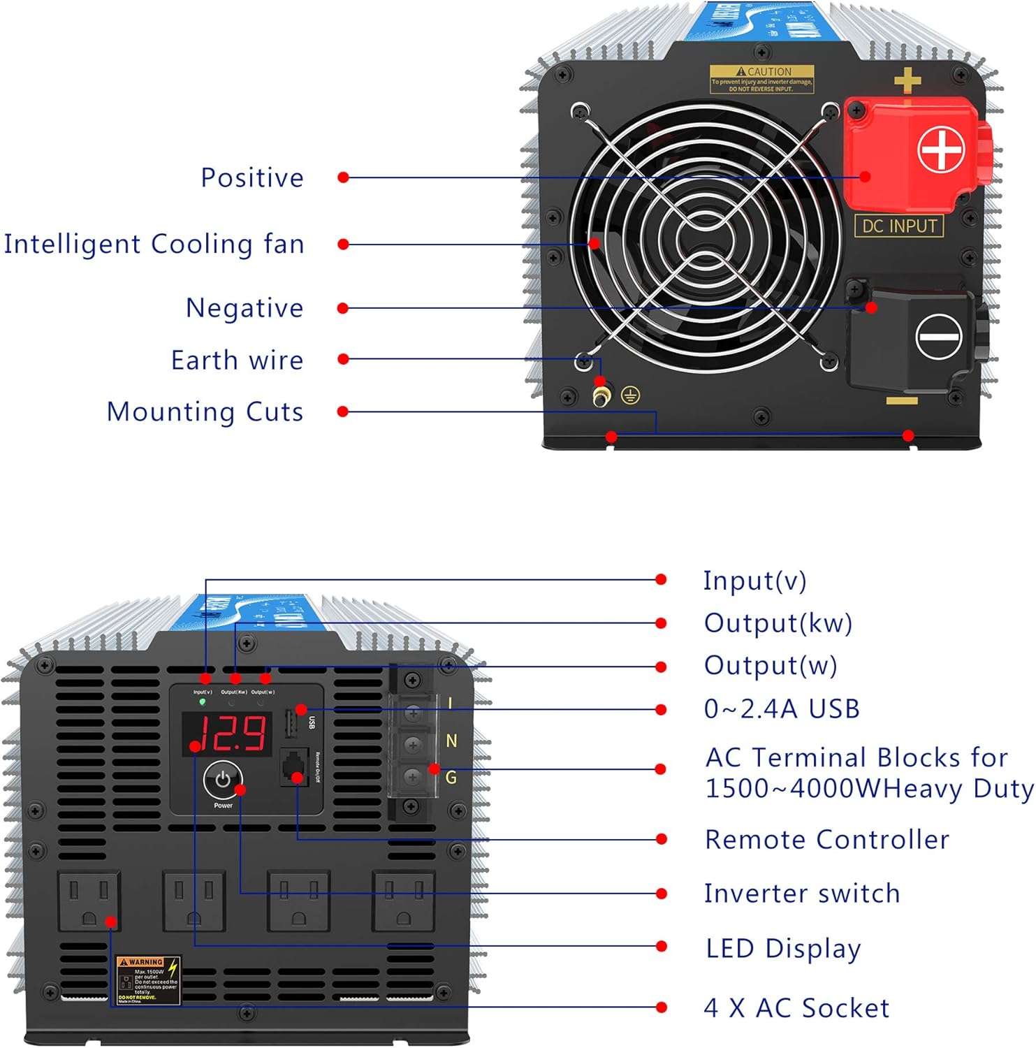 GIANDEL 2200W Pure Sine Wave Power Inverter 12V DC to 110V 120V AC with 20A Solar Charge Control and Remote Control&LED Display and Dual AC Outlets &1x2.4A USB Port for RV Truck Car Solar System