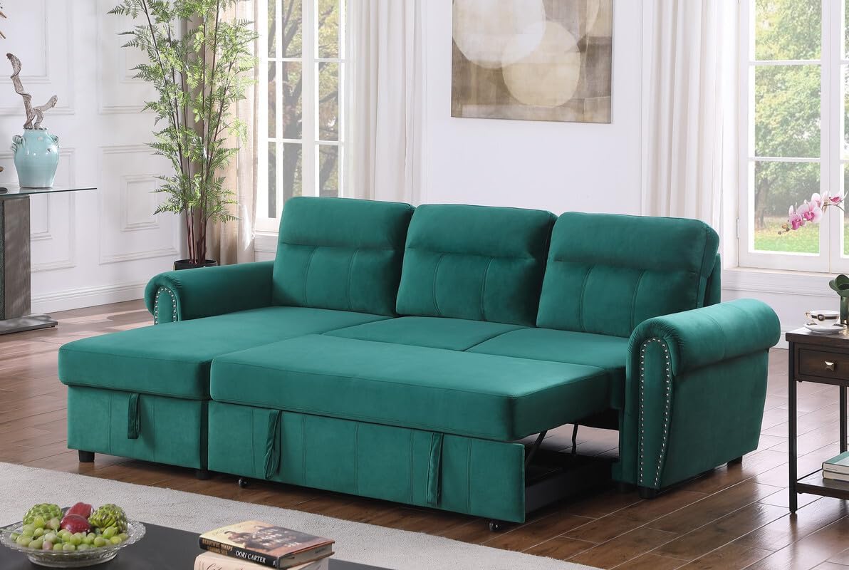 96Inch Convertible L Shaped Sleeper Sectional Sofa Velvet with Storage Chaise, Pull Out Bed,Reversible Corner Couch Design, Green