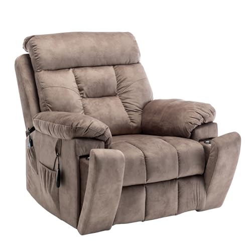 Oversized Power Lift Chair for Elderly, 26-inch Wide Seat with Heat & Massage, Hidden Cup Holder - Big Man Recliner 350 lbs (Brown)