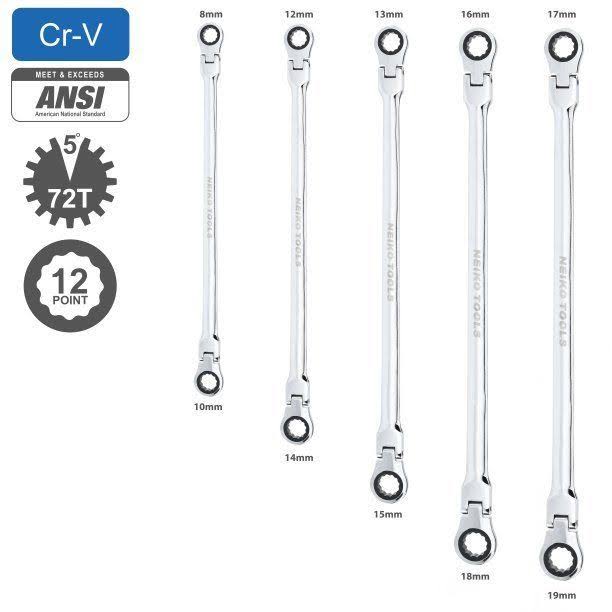 Double Box End Ratcheting Wrench 5 PC Metric Universal Flexible Head Auto Flex 03114