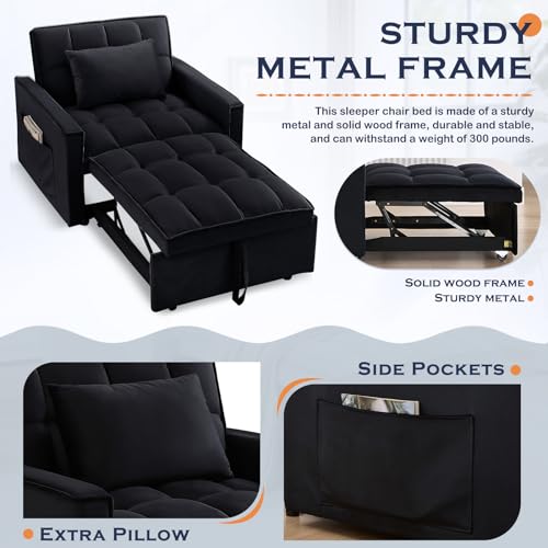 Sleeper Chair Bed,3 in 1 Convertible Sleeper Sofa,Velvet Tufted Upholstered Single Sofa Bed with Adjustable Backrest,Pull Out Recliner Lounger Bed for Living Room,Office,Apartment,Small Space(Grey)