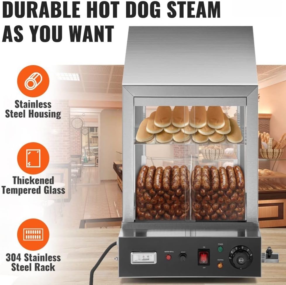 Commercial Hot Dog Steamer 2 Tier Electric Bun Warmer - Heavy Duty, Intelligent Temperature Control, Security First Protection