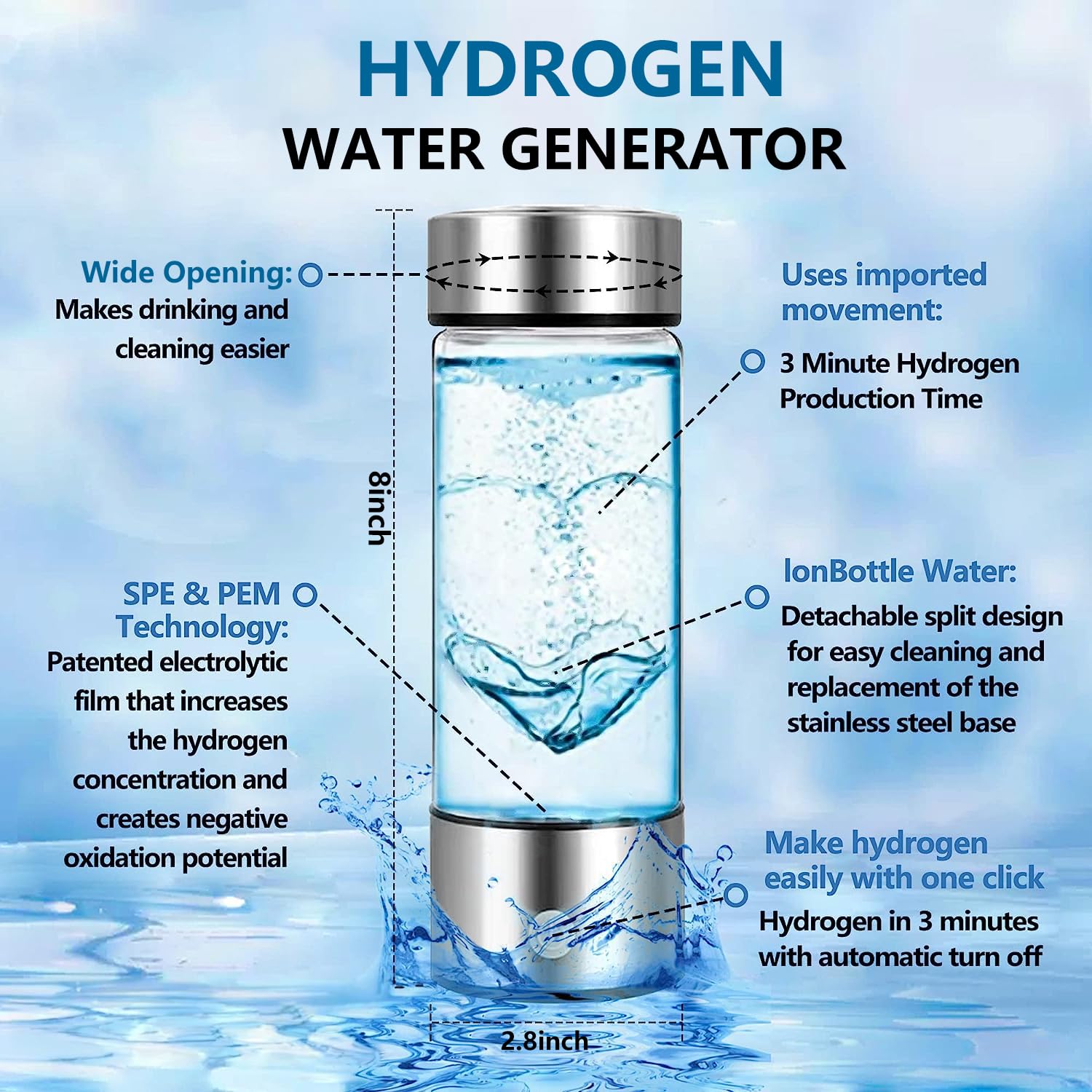 Hydrogen Water Generator, Hydrogen Water Bottle, Portable Hydrogen Generator, Rechargeable Water Ionizer with New PEM SPE Technology Water Ionizer Machine for Home Office Travel