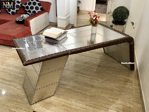 NauticalMart Aviator Wing Desk with Storage Aluminum and Leather Office Desk Silver and Brown (64 Inches)