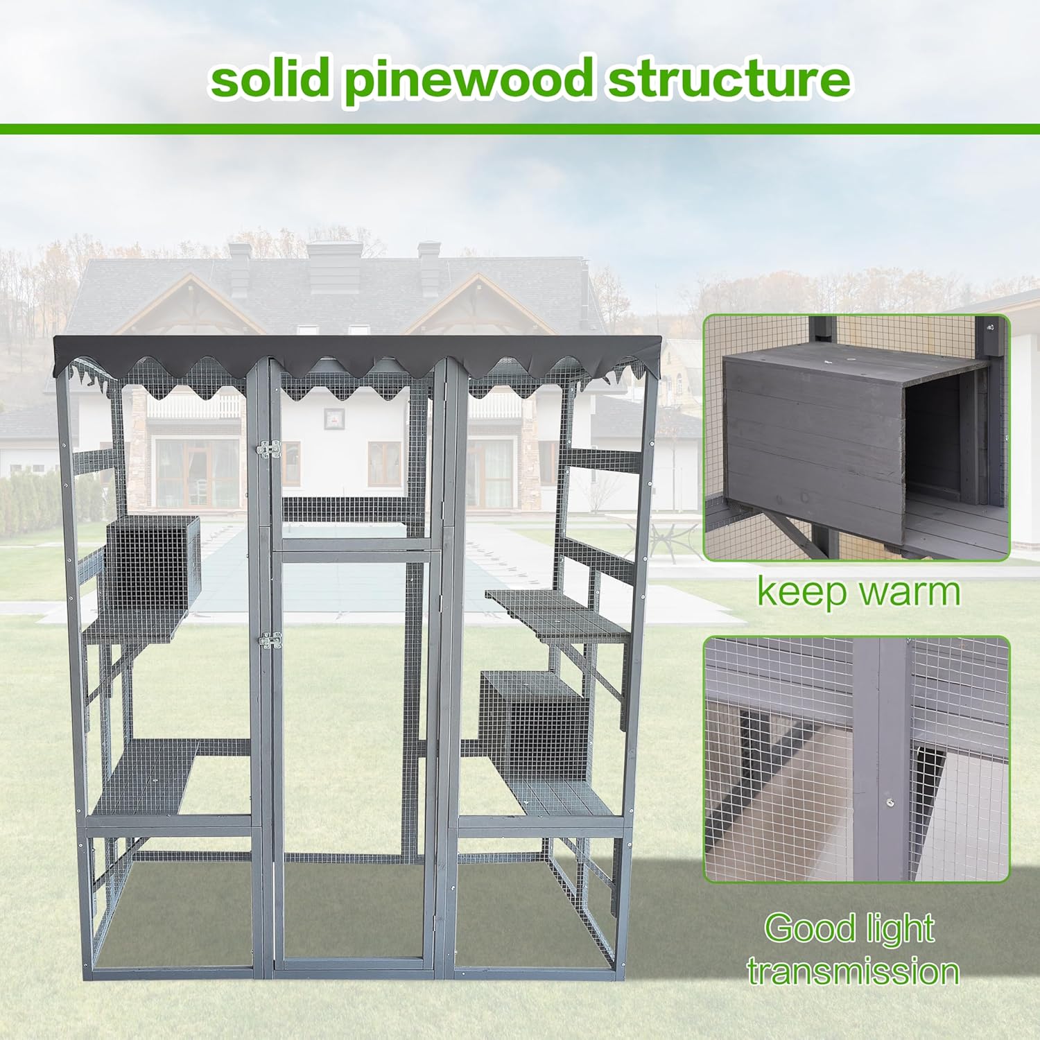 Large Indoor Cat Enclosure, Wooden Large Cat Villa, Indoor/Outdoor Cat Enclosure with Wheels, Multi-Feature Enclosed Cat Houses for Indoor Cats Ventilation Glass Doors, 38" X 32" X 24"