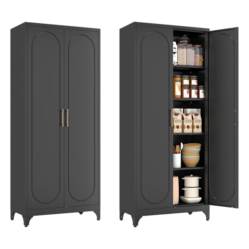 Metal Storage Cabinet with Doors and Shelves, 71 Inch Tall Kitchen Pantry Cabinet, Pantry Cabinets for Kitchen Storage, Freestanding Cupboard for Living, Dining Room, White, Assembly Required
