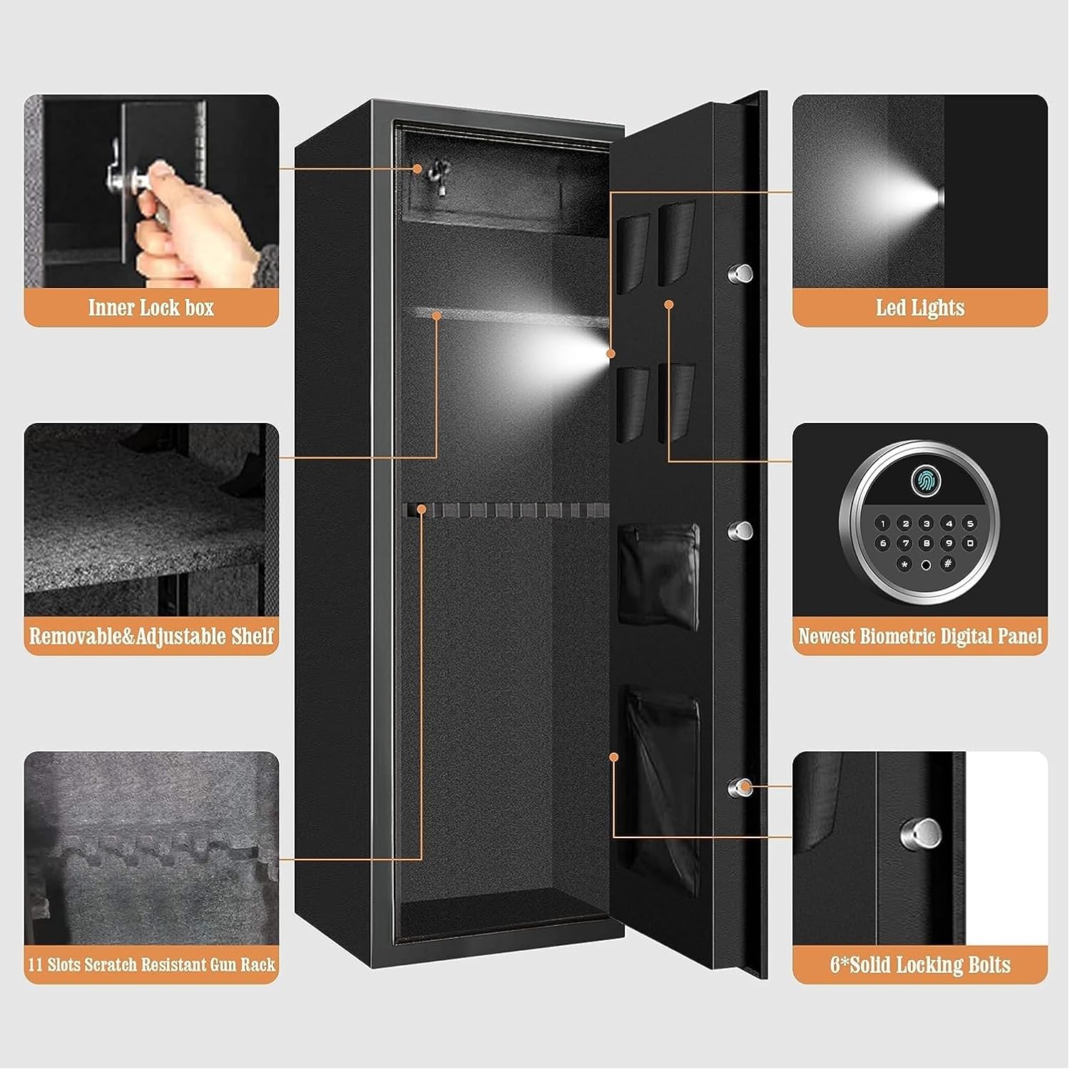 7-8 Extra Large Gun Safes for Home Rifle and Pistols, Heavy Duty Anti-Theft Gun Safes for Rifles and Shotguns, Home Rifle Safe with Removable Gun Rack, LED Light and Pistol Pockets