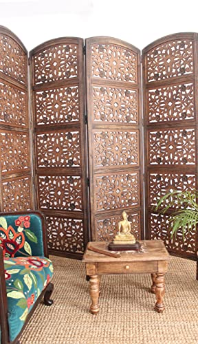Room Divider Wood Screen - Ghanti Bells Antique Brown - 4 Panel Folding 72 x 80 - Assembled Hand Carved Decorative Functional Versatile Portable Partition Reversible Privacy Boho - COTTON CRAFT