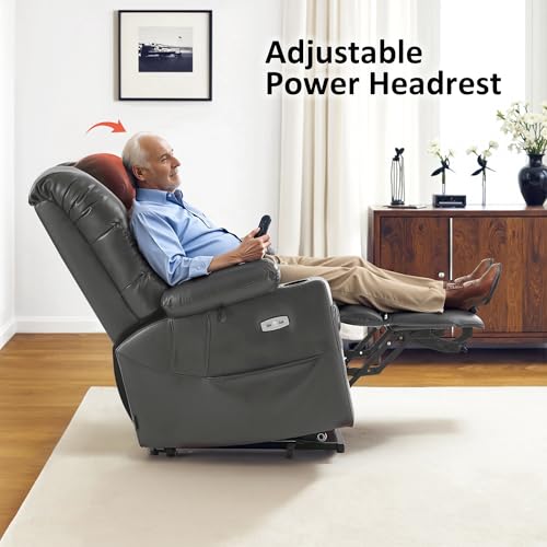 MCombo Large Triple Motor Power Lift Recliner Chair with Massage and Dual Heating, Adjustable Headrest for Tall Elderly People, Faux Leather 7634 (Dark Brown, Large)
