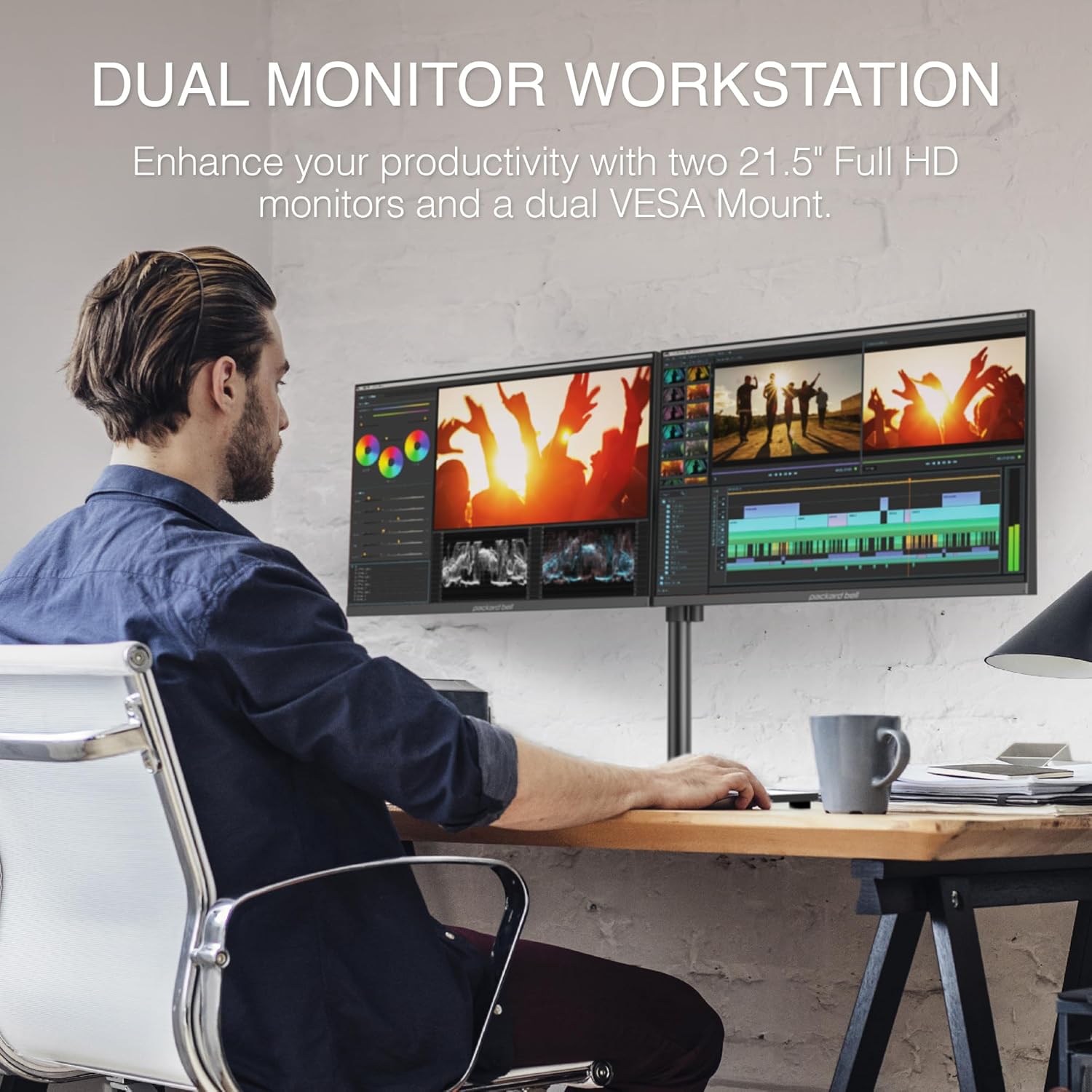 Packard Bell Workstation, 2X 21.5 Monitors, VESA Mount Included, 75 Hertz, 5 MS, Dual Monitor, VESA (Mount Included), VGA and HDMI Monitor, Basic Monitor and Gaming Monitor