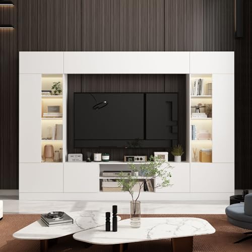 Entertainment Center with Bookshelves Modern Media Center with Open Shelves & Bridge TV Wall Unit with Doors, for Living Room White (81.1”W x 11.8”D x 70.9”H)