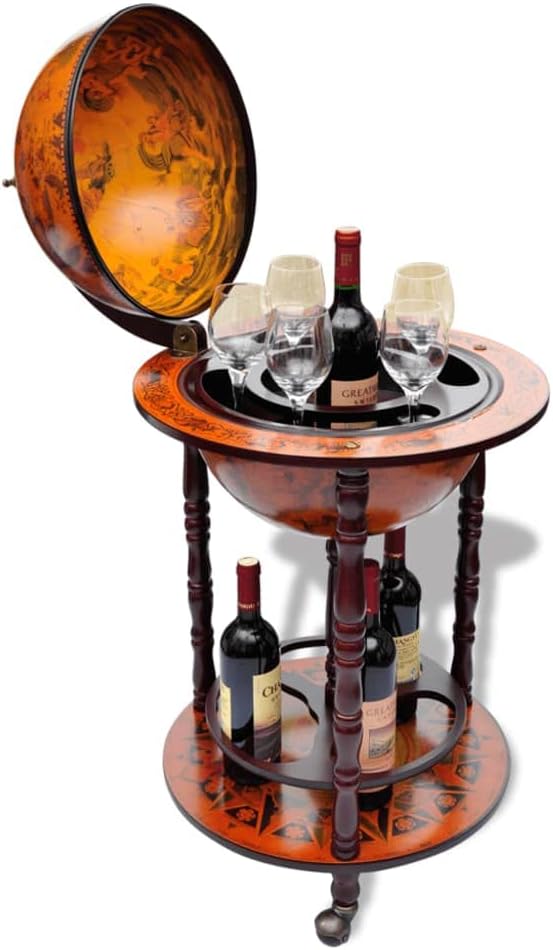 Globe Bar Wine Stand 16th Century Italian Replica Liquor Cabinet, Globe Wine Bar Stand for Living Room, Dining Room, Home Eucalyptus Wood