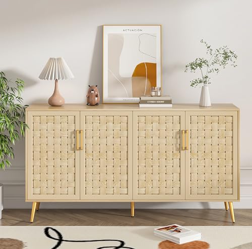 4 Door Rattan Storage Cabinet,Buffet Cabinet with Storage,Characteristic Cabinet w/Metal Legs and Handles,Cupboard Console Table,Sideboard Cabinet for Hallway,Entry, Living Room (Natural)