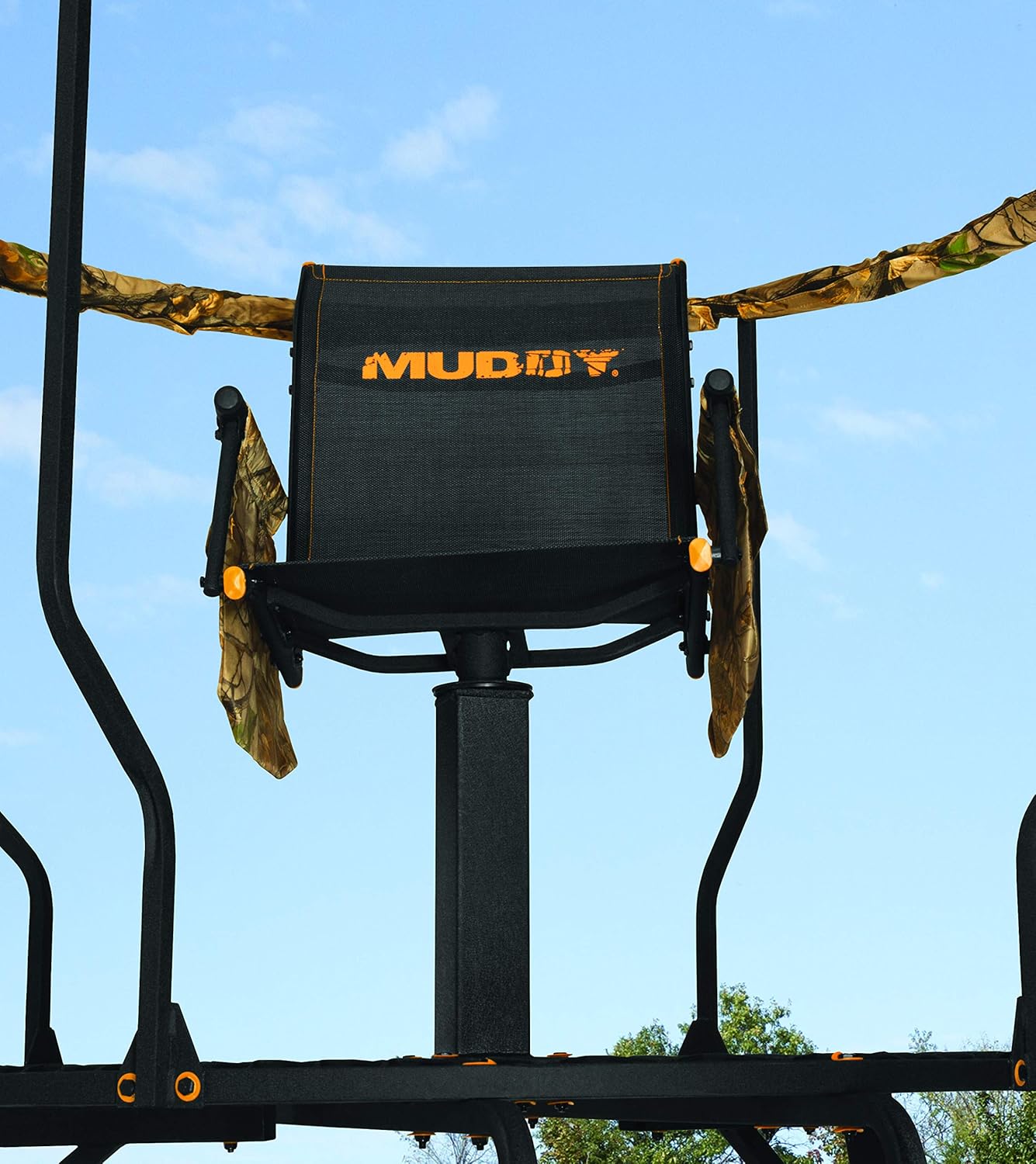 MUDDY Liberty - 16 Foot High Durable Extra-Wide Single Seater Foldable Outdoor Hunting Tripod Stand with 360-degree Flex Tek Seat & 2 Detachable Gear Bags, 300 Pound Maximum Capacity