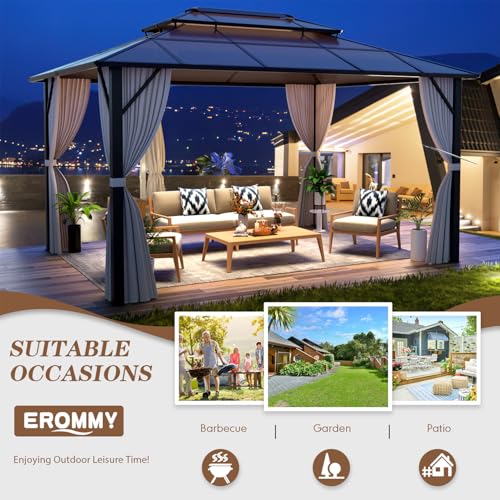 EROMMY 10' x 12' Hardtop Gazebo, Aluminum Frame Gazebos with Galvanized Steel Double Roof, Permanent Outdoor Metal Pavilion with Curtain and Netting for Patio, Lawn, Deck