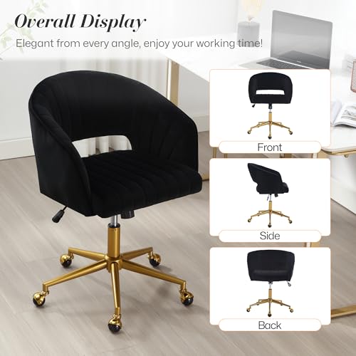 Home Office Swivel Desk Chair, Modern Corduroy Desk Chair, Height Adjustable Armchair with Gold Base, Ergonomic Office Chair for Living Room Vanity Study Computer Room, Black