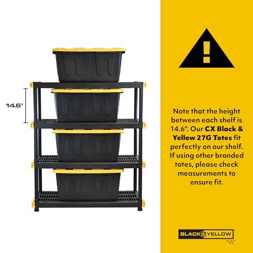 CX Black & Yellow®, 5-Tier Heavy Duty Plastic Storage Shelving Unit, 200lbs/shelf (72”H x 48”W x 20”D), for Indoor/Outdoor Organization, Modular Rack