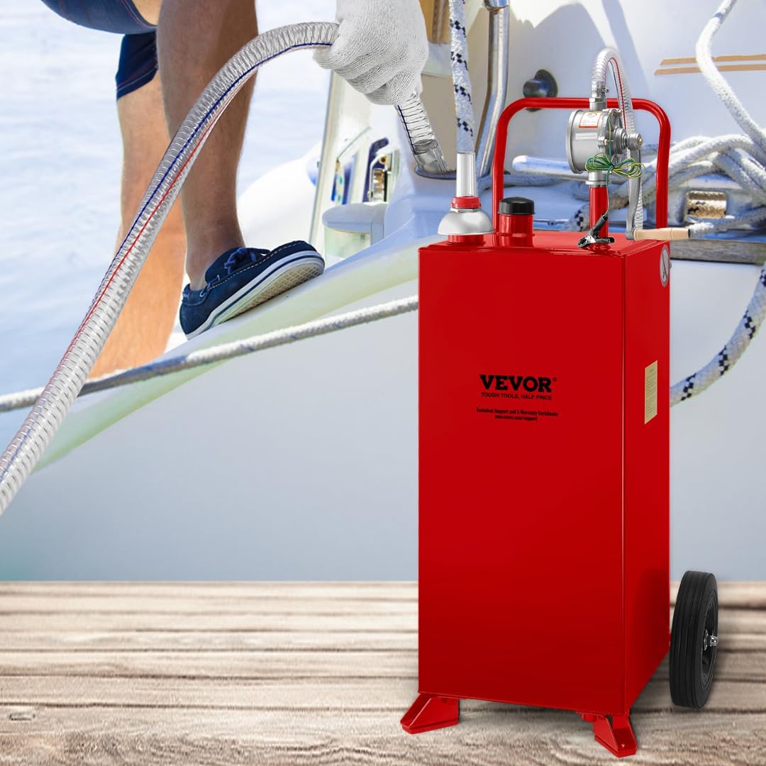 VEVOR 30 Gallon Portable Gas Caddy, Fuel Caddy Fuel Storage Tank with 2 Wheels & Manual Transfer Pump, Gasoline Diesel Fuel Container for Cars, Lawn Mowers, ATVs & Boats, Red