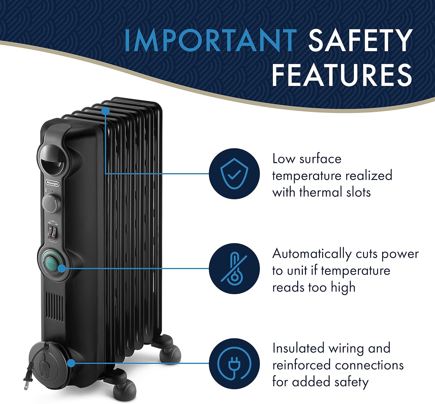 DeLonghi, Quiet 1500W, Adjustable Oil-Filled Radiator Space Heater, 14" w x 6" d x 25" h, Black