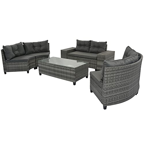 P PURLOVE 8 Piece Half Moon Sectional Round Patio Furniture Set, Outdoor Sectional Sofa Couch, Wicker Sofa Set with Washable Cushions and Glass Rectangular Coffee Table, for Garden, Backyard, Beige