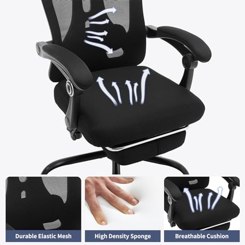 Ergonomic Office Chair with Footrest, Ergonomic Desk Chair with Adjustable Lumbar Support, High Back Mesh Office Chair with Headrest, Executive Office Computer Chair 360 Swivel Task Chair Cream